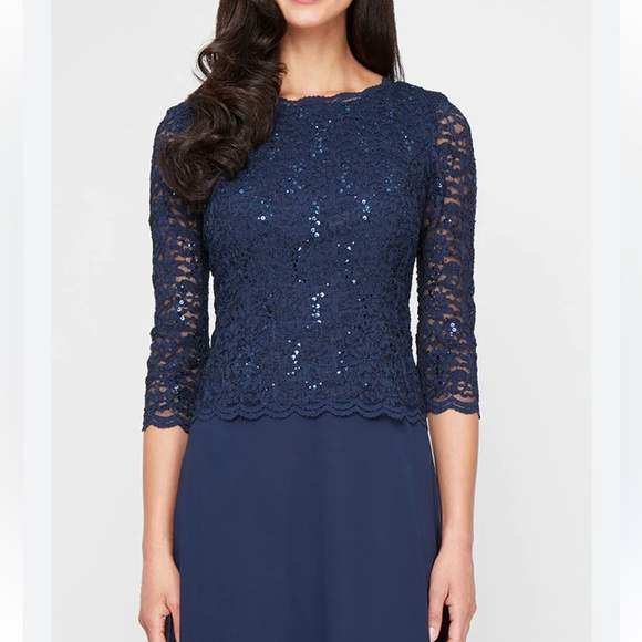 Alex Evenings Long Gown Sequin Lace Bodice Chiffon Skirt Dress Women 10 Petite - Picture 1 of 12